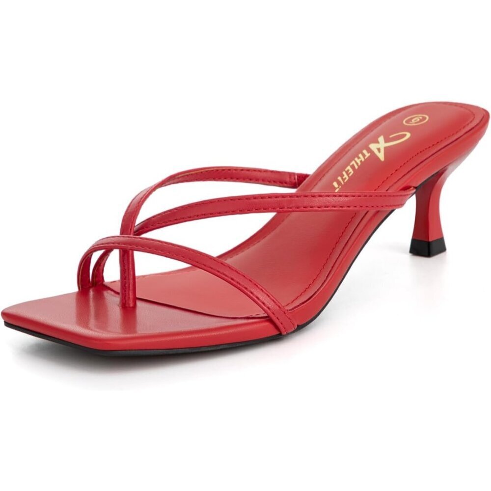 Athlefit Women's Red Polyurethane Square Open Toe Kitten Heels Thong Sandals